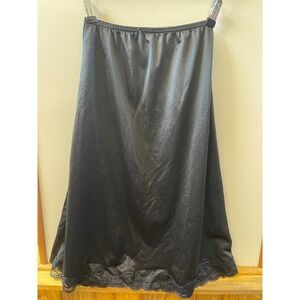 Mel Lin Vintage Black Nylon Half Slip Midi Skirt Scalloped Lace Trim Small